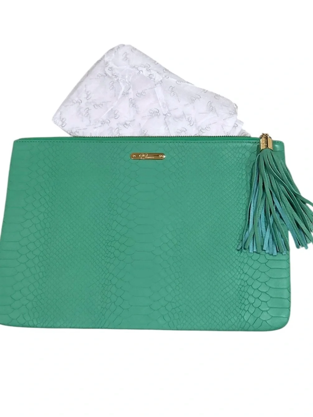 Nwot Gigi New York Textured croc Kelly green leather Tassel Clutch